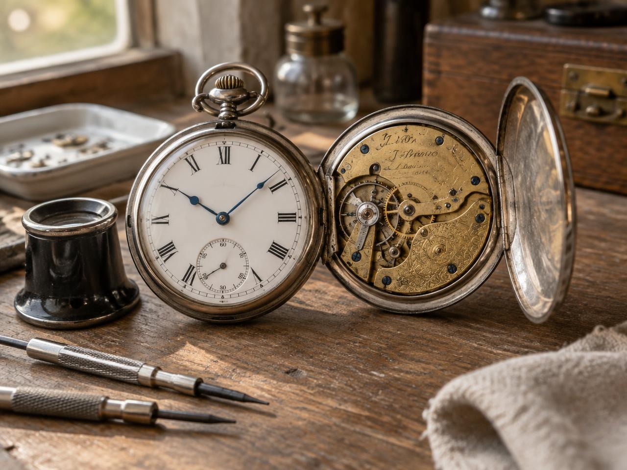 Montre de gousset en argent ouverte sur l'établi, mouvement en laiton gravé